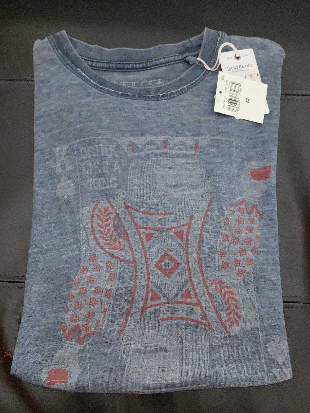 Lucky Brand Heather Blue Tee with Red Card Graphic